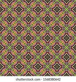 Seamless geometric floral pattern in orange, red and green, fabric repeating texture.
