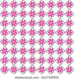 Seamless Geometric Floral Pattern with Pink Petals and Diamond Grid – Vector Tile Background