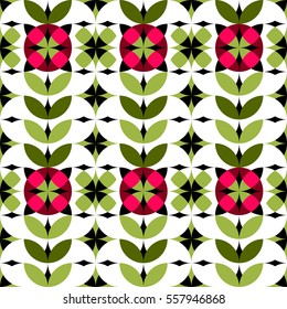 Seamless geometric floral pattern in pink, red, black, green and white colors. Floral vertical garlands. Vector.