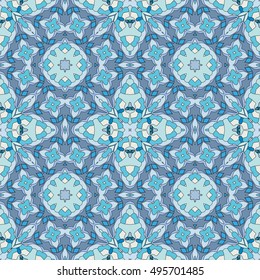 Seamless geometric floral pattern, repeating texture. Colorful seamless background. Contemporary graphic design, ethnic mandala ornament. Vector illustration