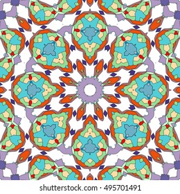 Seamless geometric floral pattern, repeating texture. Colorful seamless background. Contemporary graphic design, ethnic mandala ornament. Vector illustration