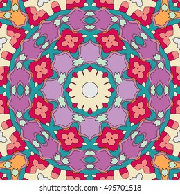 Seamless geometric floral pattern, repeating texture. Colorful seamless background. Contemporary graphic design, ethnic mandala ornament. Vector illustration