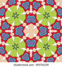 Seamless geometric floral pattern, repeating texture. Colorful seamless background. Contemporary graphic design, ethnic mandala ornament. Vector illustration