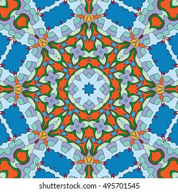 Seamless geometric floral pattern, repeating texture. Colorful seamless background. Contemporary graphic design, ethnic mandala ornament. Vector illustration