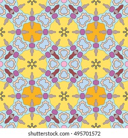 Seamless geometric floral pattern, repeating texture. Colorful seamless background. Contemporary graphic design, ethnic mandala ornament. Vector illustration
