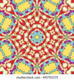 Seamless geometric floral pattern, repeating texture. Colorful seamless background. Contemporary graphic design, ethnic mandala ornament. Vector illustration