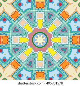 Seamless geometric floral pattern, repeating texture. Colorful seamless background. Contemporary graphic design, ethnic mandala ornament. Vector illustration