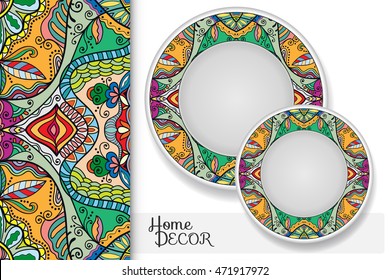 Seamless geometric floral pattern and set of two matching decorative plates for interior design. Vector decoration with isolated design elements. Tribal ethnic ornament, home decor background