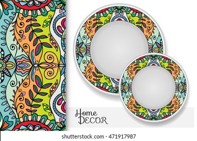 Seamless geometric floral pattern and set of two matching decorative plates for interior design. Vector decoration with isolated design elements. Tribal ethnic ornament, home decor background