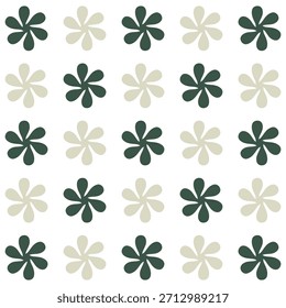Patrón floral geométrico sin fisuras. Flores simples de color verde oscuro y beige sobre fondo blanco. Fondo de Formas de hélice Abstractas o molinete.
