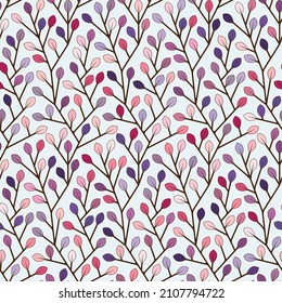 Seamless geometric floral pattern with small multicolored leaves on a light blue background. Spring colors. Vector illustration. Great for wrapping paper, textile texture, and decorative projects.