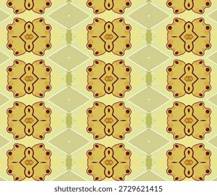 Padrão floral geométrico contínuo com tons suaves amarelos e simetria ornamental, perfeito para papel de parede, têxtil, abstrato, padrão, design de fundo.