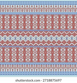 Seamless geometric floral pattern with traditional ethnic embroidery texture and vintage tribal ornament design for fashion textile wallpaper and decorative fabric border style