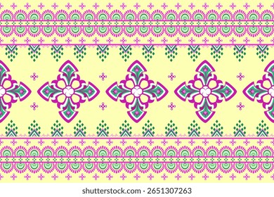 Seamless geometric floral pattern with vibrant pink and green abstract blossoms on a light yellow background. Ornate borders and tribal motifs, abstract flowers, for textile, background, mosaic, rug.