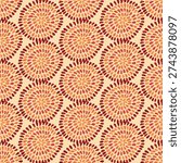 Seamless geometric floral pattern with warm orange, red and coral petals on beige background. Retro abstract ornament texture, perfect for fabric, wallpaper, wrapping paper, textile, surface design and home decor.