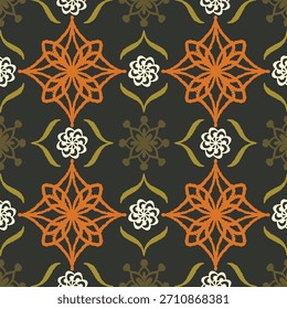 Seamless Geometric Floral Pattern in Warm Earth Tones, Hand Drawn Mandala Style Vector Background for Textile, Wallpaper, Decorative Design