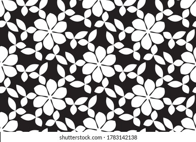 Patrón floral geométrico sin foco. Flores blancas en un fondo negro.