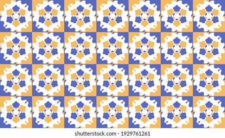 Seamless geometric floral pattern in white, blue, and orange. Features repetitive symmetry and tile structure, perfect for background or fabric print.