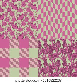 Seamless geometric and floral patterns set