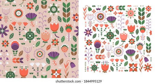 Patrón escandinavo floral geométrico sin foco, colores cálidos. Ornamento de verano con flores. Paleta verde y naranja. Conjunto con elementos de diseño y fondo herbario. Bueno para los textiles del hogar