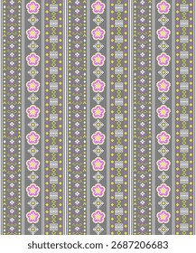 Seamless geometric floral stripe pattern with Thai-inspired motifs, featuring yellow, purple, and white ornamental shapes on gray background. Elegant decorative vector design for fabric, wallpaper, wr