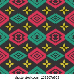 Seamless geometric floral tapestry vector fabric pattern with striking red, blue, yellow colors on a black background. Created for wallpapers, background images, carpet, tile, curtain 