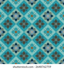 Patrón floral geométrico inconsútil de la teja con las flores ornamentales azules y marrones en el fondo del diamante del verde azulado, diseño decorativo de Antiguas para el Fondo de pantalla, la tela, las impresiones digitales, y la decoración interior