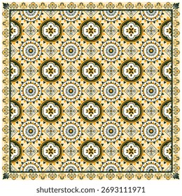 Patrón de azulejo floral geométrico sin fisuras con borde en amarillo cálido, negro y crema. Fondo de estilo mediterráneo y marroquí y motivos florales. Perfecto para cerámica, tela o decoración española.