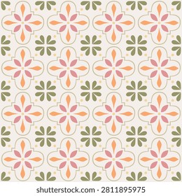 Seamless Geometric Floral Tile Pattern Pink Olive Vector backdrop with vintage Moroccan style blossom ornament grid, Mediterranean cement tile motif template for fabric wallpaper home decor.