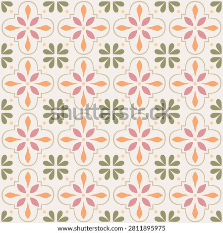 Seamless Geometric Floral Tile Pattern Pink Olive Vector backdrop with vintage Moroccan style blossom ornament grid, Mediterranean cement tile motif template for fabric wallpaper home decor.
