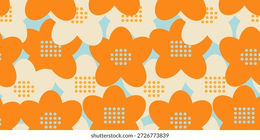 Patrón de Vector floral geométrico sin fisuras con flores abstractas de color naranja y crema, centros punteados y suaves acentos azules. Diseño retro moderno para la tela, Fondo de pantalla, embalaje