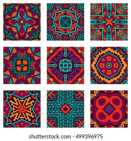 Seamless geometric flower Ethnic pattern background. Endless texture for wallpaper, pattern fills, web page background, surfaces. Set of colorful geometric ornaments, isolated design elements.