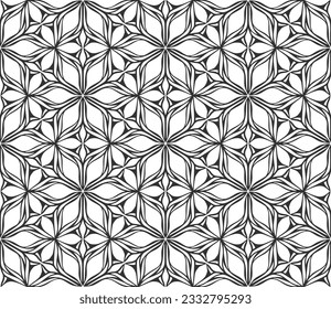 Patrón de flores geométricas sin foco. Fondo de flores negras decorativas. Diseño retro geométrico plano vintage. Los pétalos elegantes y florales son el telón de fondo. Ornamento de papel de envoltura botánico elegante