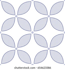 Seamless geometric flower pattern of petals with fish scale trellis inside. Decorative floral background. Vector illustration.