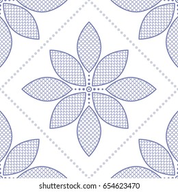 Seamless geometric flower pattern of petals with fish scale trellis inside and dotted garlands. Decorative floral background. Vector illustration.