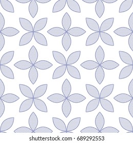 Seamless geometric flower pattern of petals with fish scale trellis inside. Decorative floral background. Vector illustration.