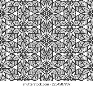 Patrón de flores geométricas sin foco. Fondo de tela turca negra vintage. Decorativo diseño retro arabio geométrico plano. Los pétalos elegantes y florales son el telón de fondo. Ornamento de papel de embalaje botánico