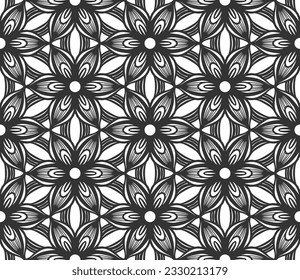 Patrón de flores geométricas sin foco. Fondo de tela turca negra vintage. Decorativo diseño retro arabio geométrico plano. Los pétalos elegantes y florales son el telón de fondo. Ornamento de papel de embalaje botánico