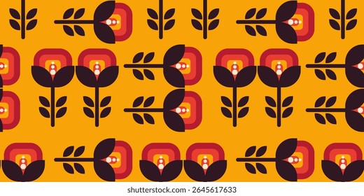 Seamless geometric flower pattern in vintage Scandinavian style on orange background.
