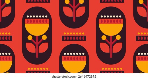 Seamless geometric flower pattern in vintage Scandinavian style on red background.