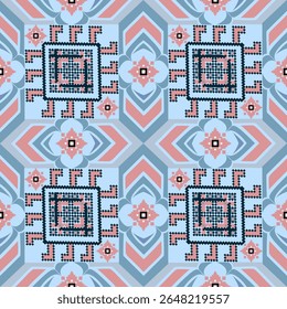 Seamless Geometric Folk Art Pattern in Blue and Pink Tones with Pixel Floral Motifs, Decorative Squares, and Ethnic Embroidery Inspired Design for Fabric, Wallpaper, Crafts, and Textile Projects