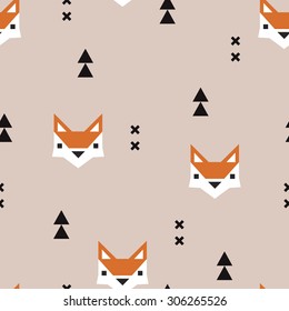 Seamless geometric fox kids fall illustration aztec arrows cute background pattern in vector in beige and orange