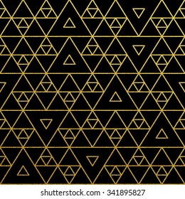 Seamless geometric gold glittering seamless pattern on black background.
