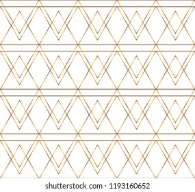Seamless geometric gold lines pattern. Modern design background with rhombus, triangles. Golden texture.