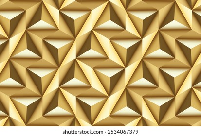 A seamless geometric gold pattern featuring 3D diamond shapes, creating a luxurious and modern background. Perfect for digital design and elegant decoration projects.