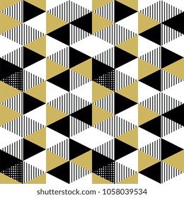 Seamless geometric gold triangle. Black, white, and golden yellow. Trendy pattern geometrical fashion.
