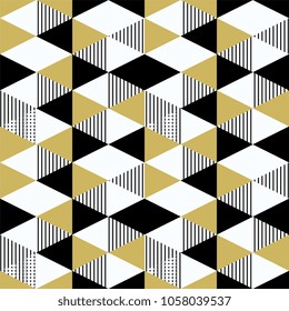 Seamless geometric gold triangle. Black, white, and golden yellow. Trendy pattern geometrical fashion.