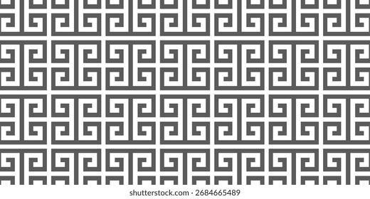 Seamless geometric Greek key pattern in black and white, perfect for backgrounds, textiles, and decorative designs.