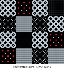 Seamless geometric grey pattern on black background. Tiles effect. Arabic style simple repeatable ornament. Fancy backdrop. Vector illustration.