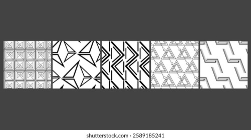 Seamless geometric grid patterns with thin-line details in monochrome and pastel tones, ideal for corporate identity, packaging, tech branding , futuristic seamless geometric  versatile bundle